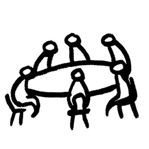 En tegning af mennesker involveret i et ledermøde ved et bord.