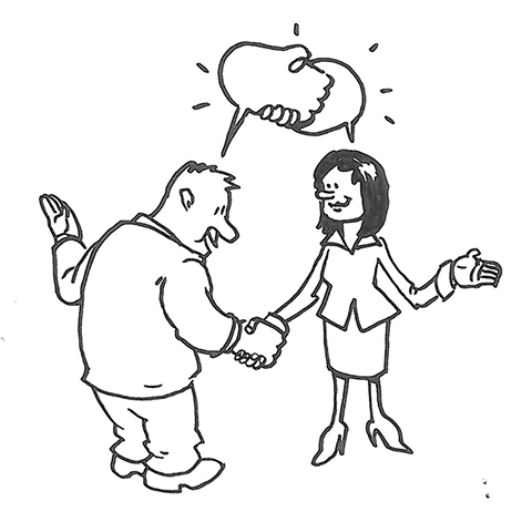 En tegneserie af en mand og kvinde, der er engageret i regenerativ ledelse, der giver hånd som en del af deres organisationsudviklingsproces.