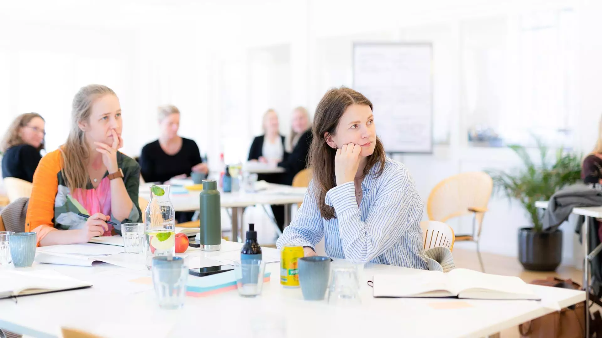 En gruppe mennesker, der er engageret i regenerativ tænkning og organisationsudvikling, sidder omkring et bord.