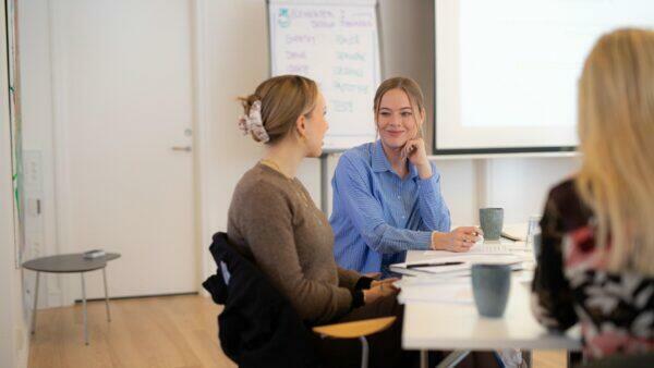 En gruppe kvinder ledet af en leder, der sidder omkring et bord i et mødelokale og diskuterer regenerative strategier for deres virksomhed.