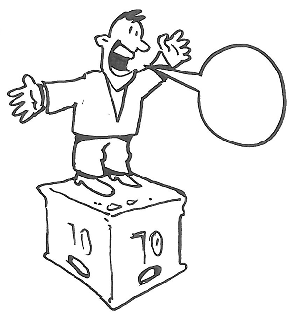 En illustration af en mand, der står på toppen af en kasse og taler.
