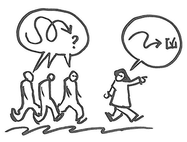 En tegning af en gruppe mennesker, der går med talebobler, der viser deres lederevner og fremmer en regenerativ tankegang.