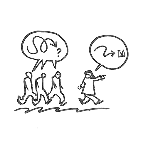 En tegning af en gruppe mennesker, der går med talebobler, der viser effektivt lederskab i regenerativ organisationsudvikling.