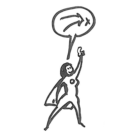 En inspireret sort/hvid tegning af en kvinde i kappe med en taleboble.