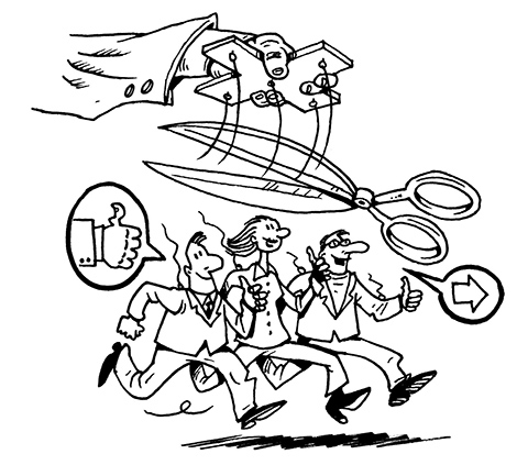 En tegneserie af en gruppe mennesker der frisættes med saks.