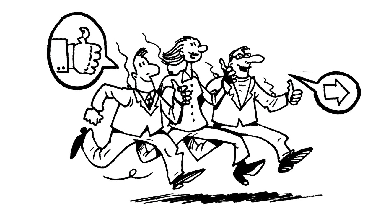 En sort/hvid tegneserie af en gruppe mennesker, der løber tilfredst fremad