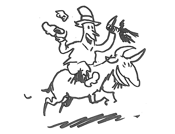 En sort/hvid tegning af en mand, der rider på et æsel.