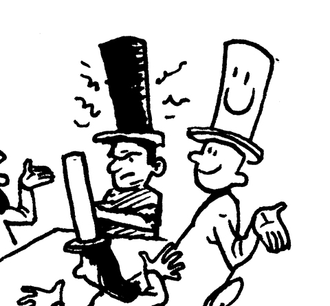 En sort/hvid tegning af en gruppe mennesker med høje hatte. Den ene mand er glad den anden mand er sur