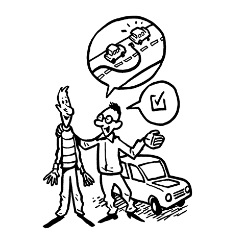 En regenerativ sort/hvid tegning af en mand og en bil.