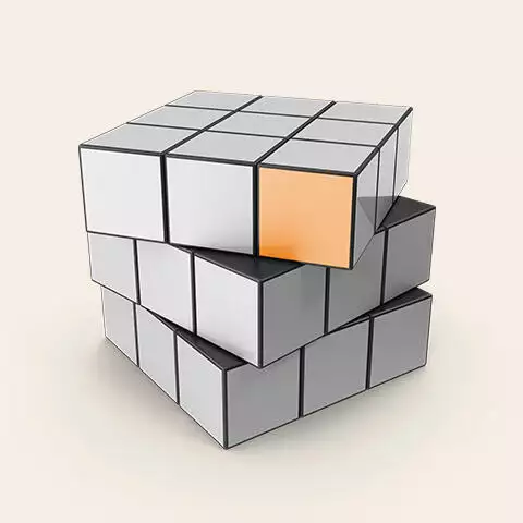 grafik af en Rubiks terninger hvor kun en af felterne er farvet orange